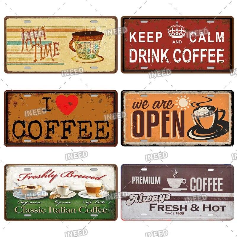 Metal Tin Signs Coffee License Plate Vintage Metal Plaques Retro Tin Plate for Cafe Kitchen Home Living Room Door Wall Art Decor