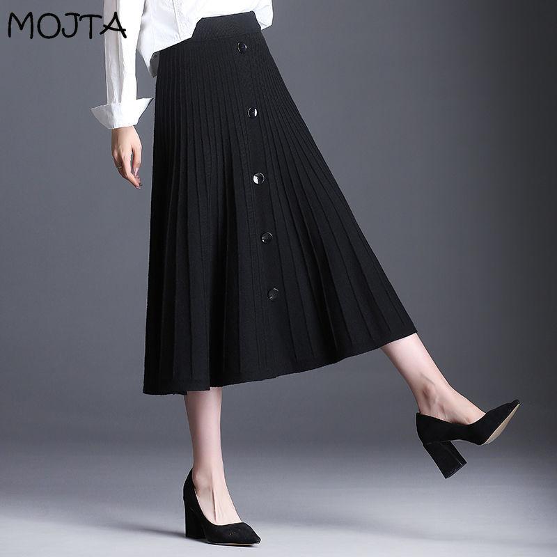 Женская осенне-зимняя вязаная юбка, женская юбка с высокой талией, тонкая плиссированная юбка трапециевидной формы средней длины