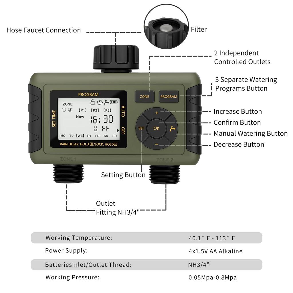 Diivoo Таймер полива сада, 2 зоны, автоматическая система полива с задержкой дождя и ручным поливом газона, наполнение бассейна