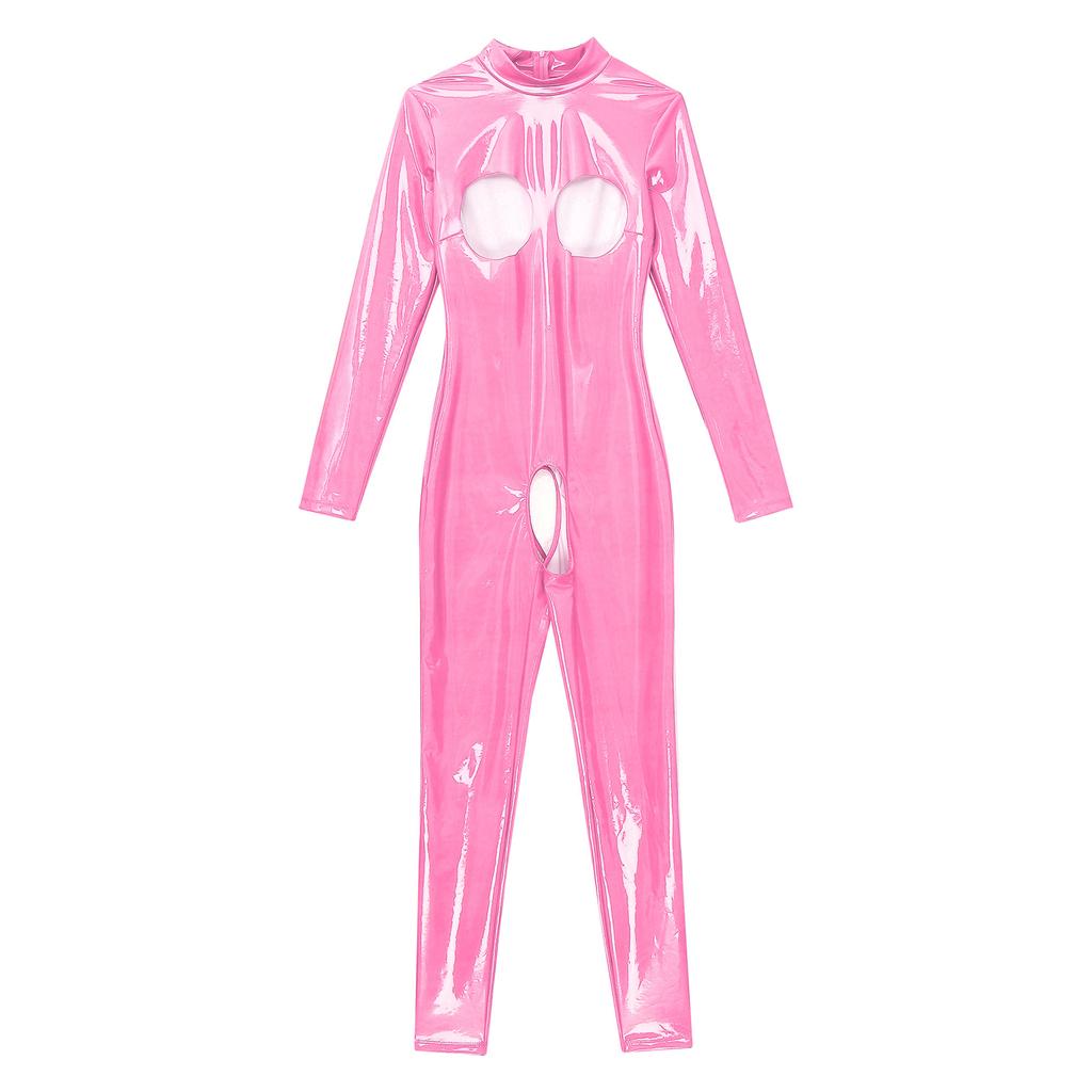 Женский ажурный комбинезон с длинным рукавом, комбинезон с воротником-молнией сзади, боди из лакированной кожи