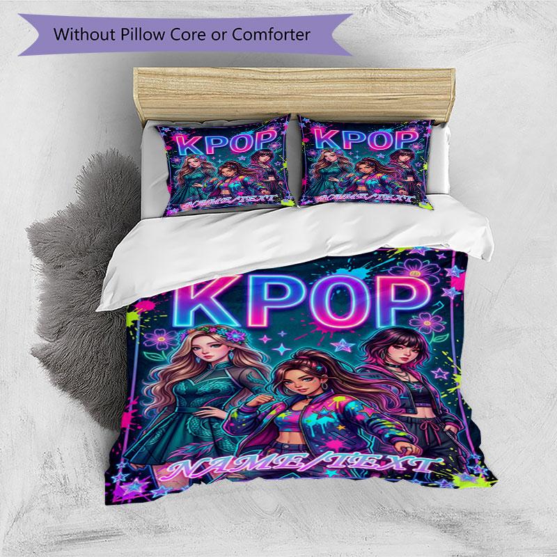 3PC Custom Name KPOP Neon Fashion Bedding Set Duvet Cover Closure Includes 1 Duvet Cover & 2 Pillowcases for Bedroom