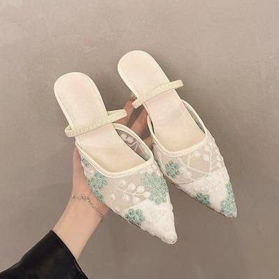 Модные женские туфли-слингбэки на высоком каблуке из сетки с цветочной вышивкой, женские босоножки с открытой пяткой и жемчужной отделкой, с острым носком, сексуальные туфли-мюли на шпильке