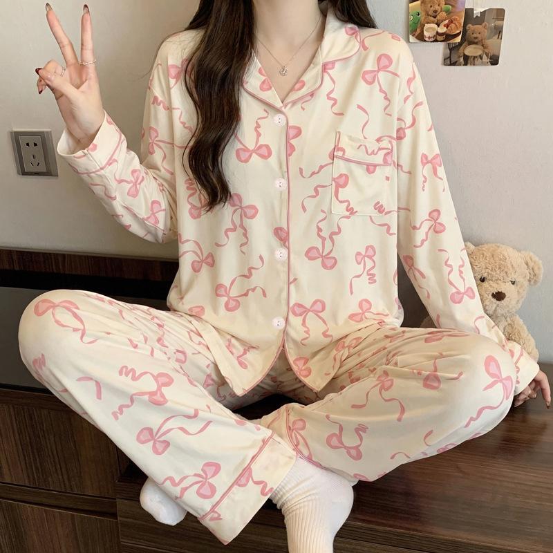 Imitation cotton ins style bow pajamas women's spring new fashion lazy long-sleeved loungewear two-piece set