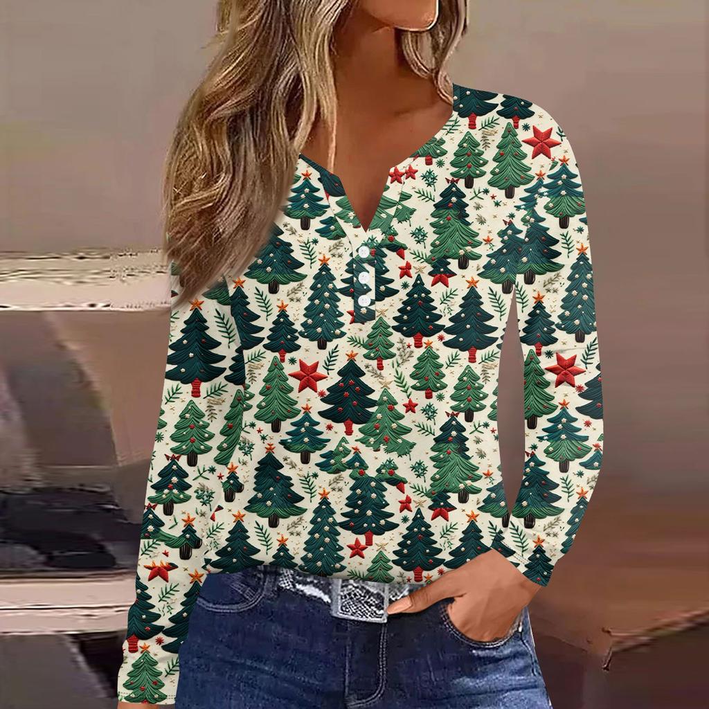 Женская модная повседневная футболка с длинным рукавом и V-образным вырезом на рождественском принте на пуговицах