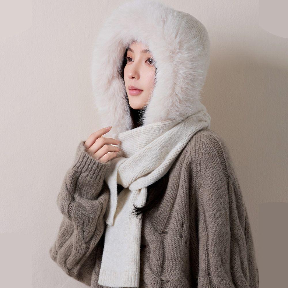 Plush Knitted Balaclava Hat Solid Color Hat and Scarf 2-in-1 Fashion Knitted Hat  Streetwear