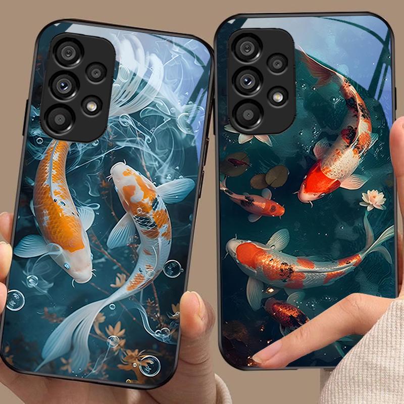 Китайский Ветер Рыба Для Samsung Galaxy S 8 9 10 20 Plus 21 FE 22 23 24 Ultra S7 Edge Черный Чехол для телефона из закаленного стекла Жесткий чехол