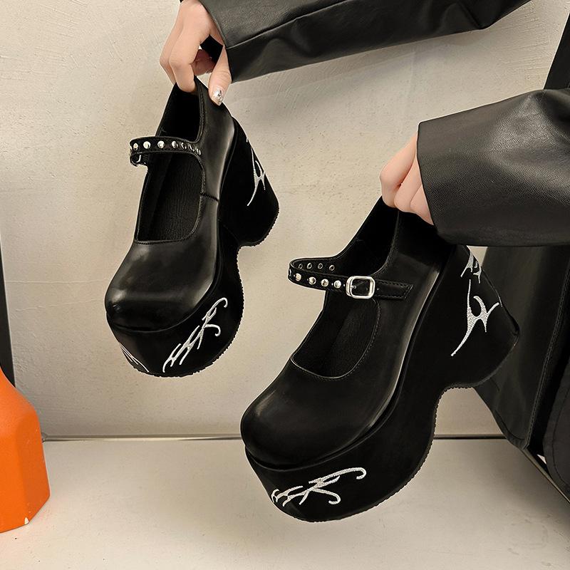 Женские туфли на платформе с высоким каблуком в стиле готической Лолиты Новые туфли Мэри Джейн Повседневные женские туфли на каблуке для вечеринок на танкетке с толстой подошвой Черные мокасины