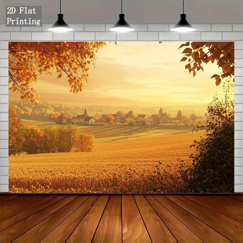 2D Cozy Autumn Wheat Field Village Photography Background