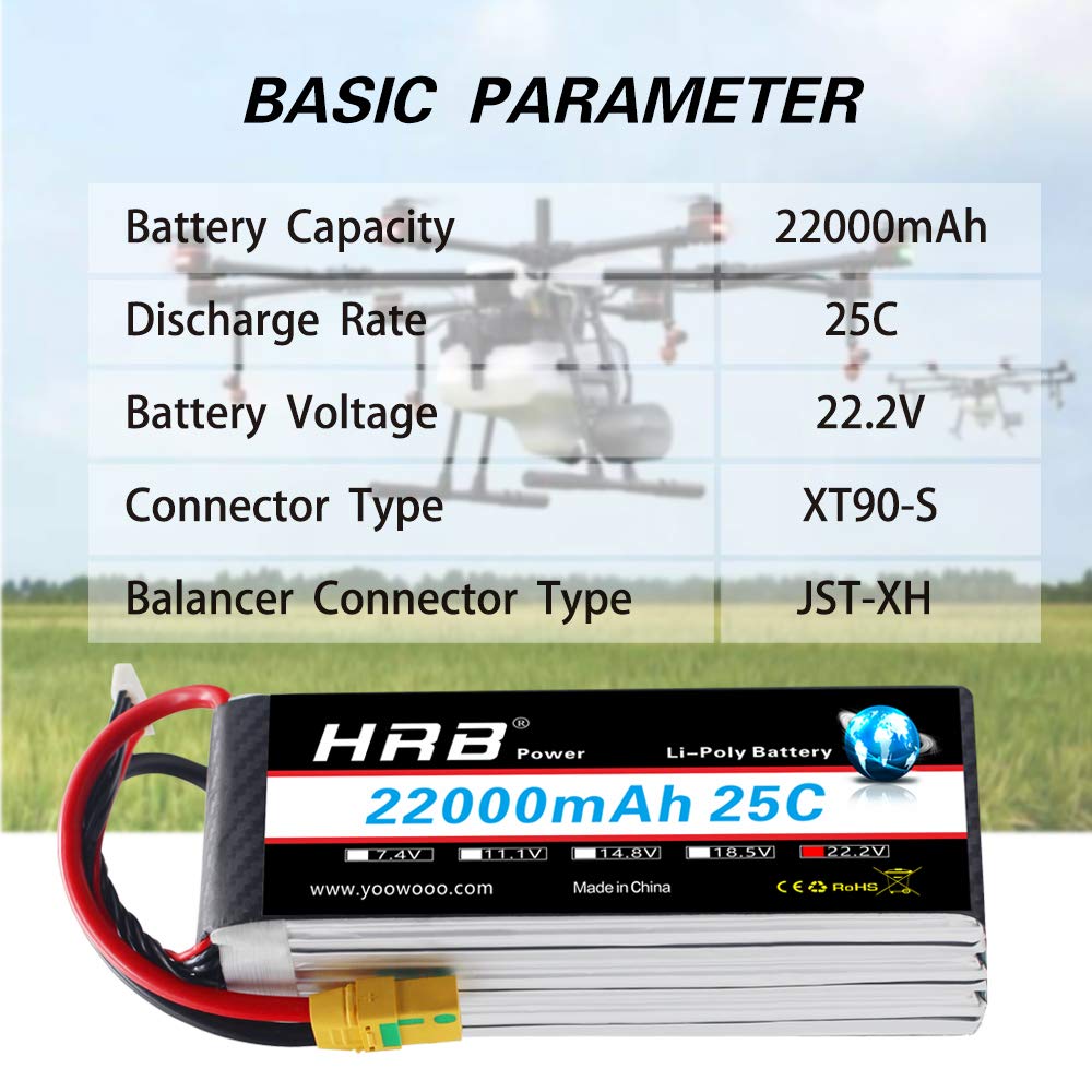 HRB Lipo Pack 22.2v 6s 22000mAh 25C XT90-S Plug for DJI S800 S900 S1000 + UAV E1200 Plant Protector