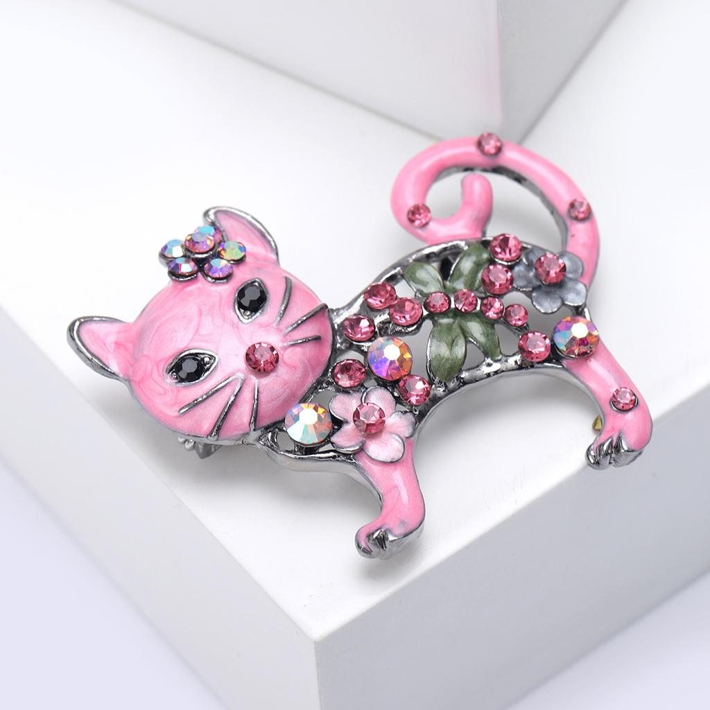Lovely Enamel Cat Brooch Women Rhinestone Flower Animal Corsage Pins Gifts