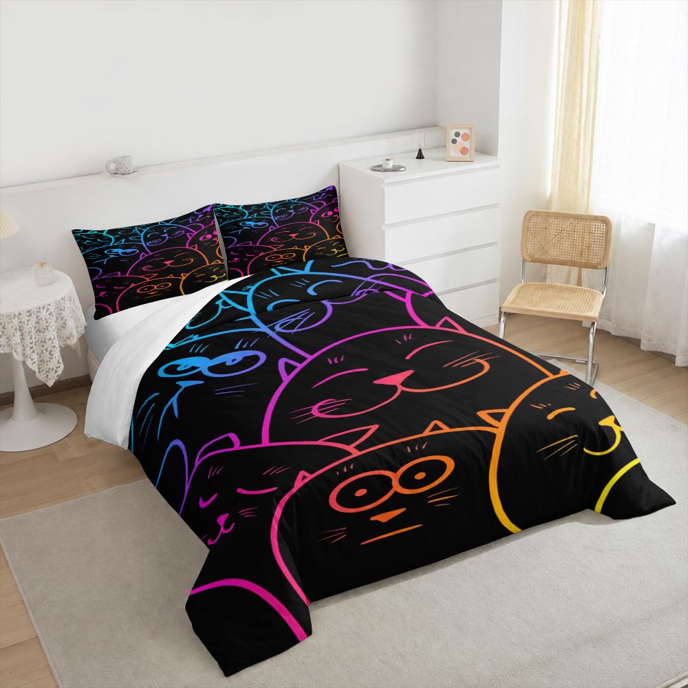 Neon Line Art Cats Bedding set (1 duvet cover, 2 pillowcases, duvet not included), Blacklight Glow Kitten Faces Art Print