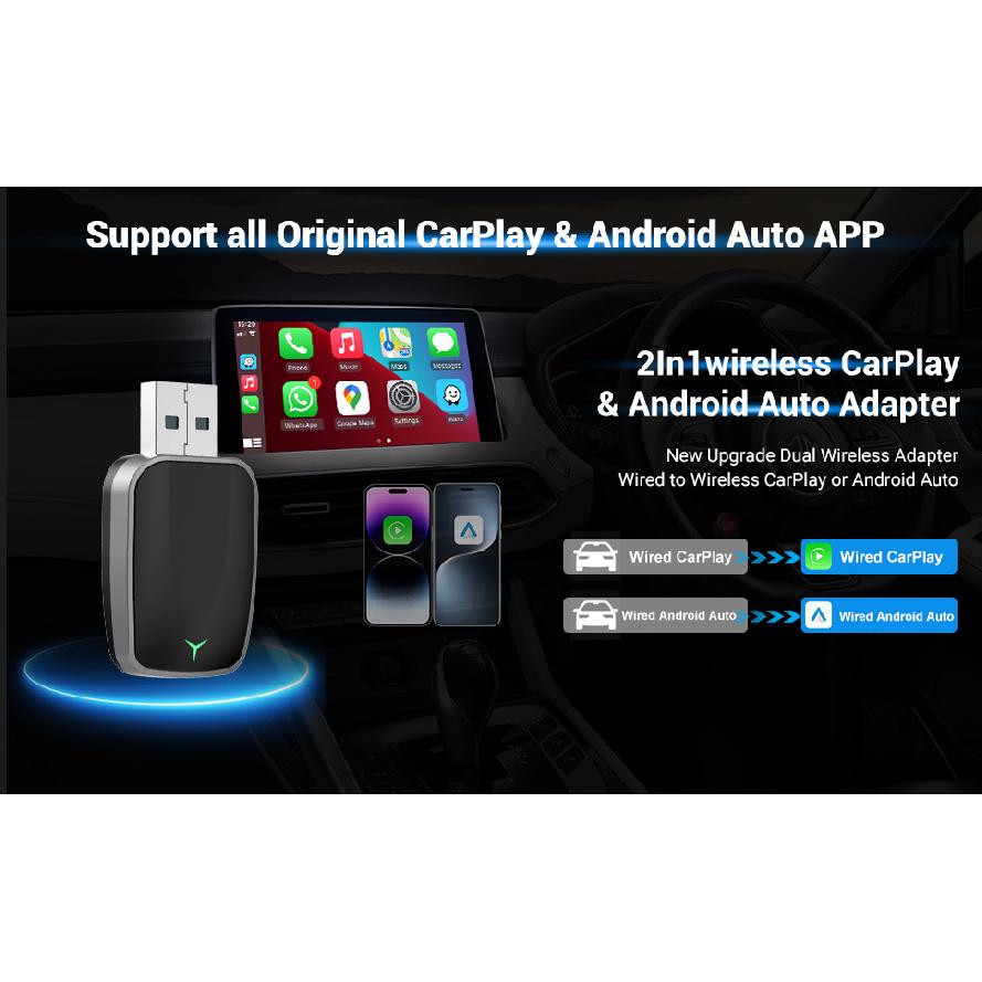 Мини-адаптер CarPlay и Android Auto без проводов – Dongle Plug & Play, Преобразует проводное подключение в беспроводное, USB-A/C, Совместим с автомобилями 2016+