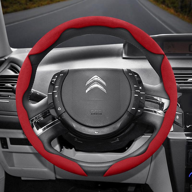 Suitable for Citroen Suede Snap-on Steering Wheel Cover Non-Slip C3 C4 X Berlingo C5 Aircross Jumper SpaceTourer Ami X Black Red