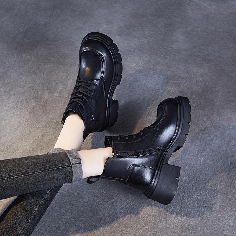 2024 осень и зима новые удобные кожаные ботинки Martin на толстой подошве женские полусапожки из телячьей кожи первого слоя короткие ботинки на толстом каблуке