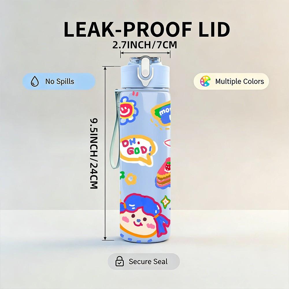 1PC Colorful Kids Cartoon Print 750ml Color Plastic Sports Water Bottle Leakproof Flip Straw Lid Suitable for Sports Office Home Use