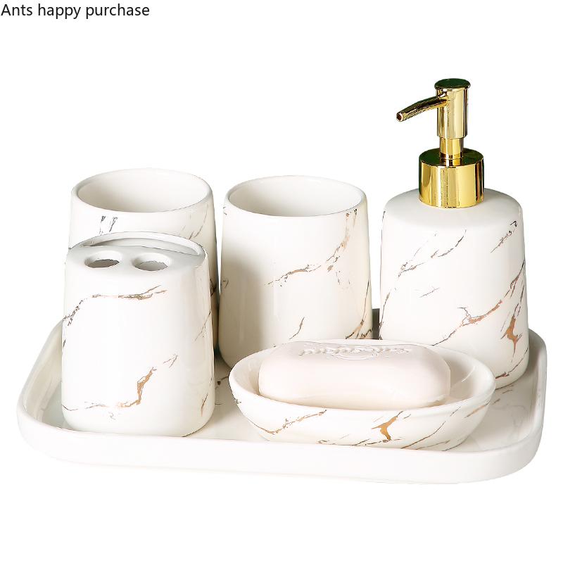 Marbling Ceramic Bathroom 5-piece Set with Tray Mouth Cup Set Bathroom Wash Supplies Lotion Bottle Toothbrush Holder Soap Dish