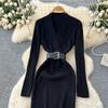 Spring Autumn Women Casual V-neck Full Sleeve Knitted Sweater Midi Pencil Dresses with Belt