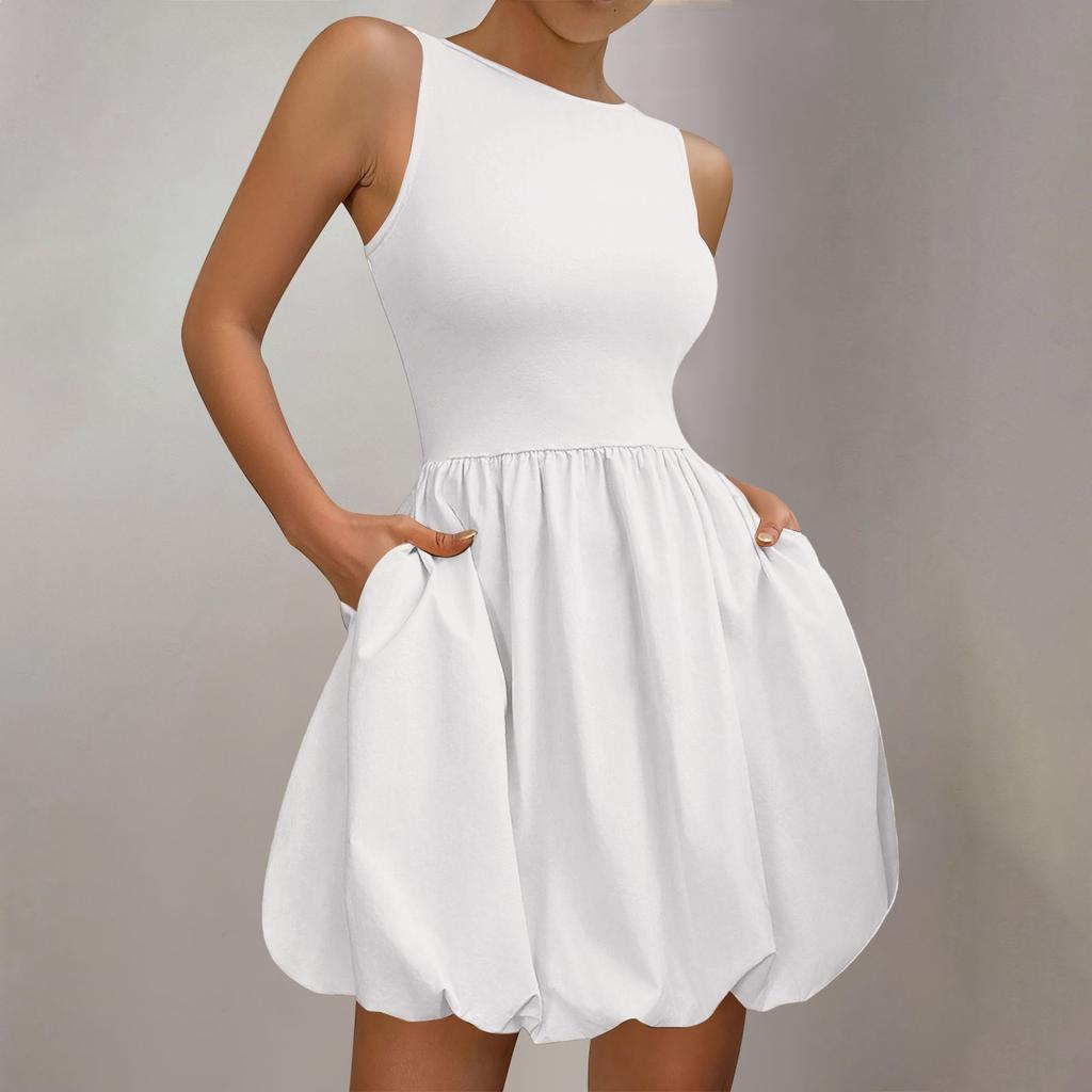 Женское платье-солнце, летнее, повседневное, однотонное, А-силуэт, без рукавов, топ-платье