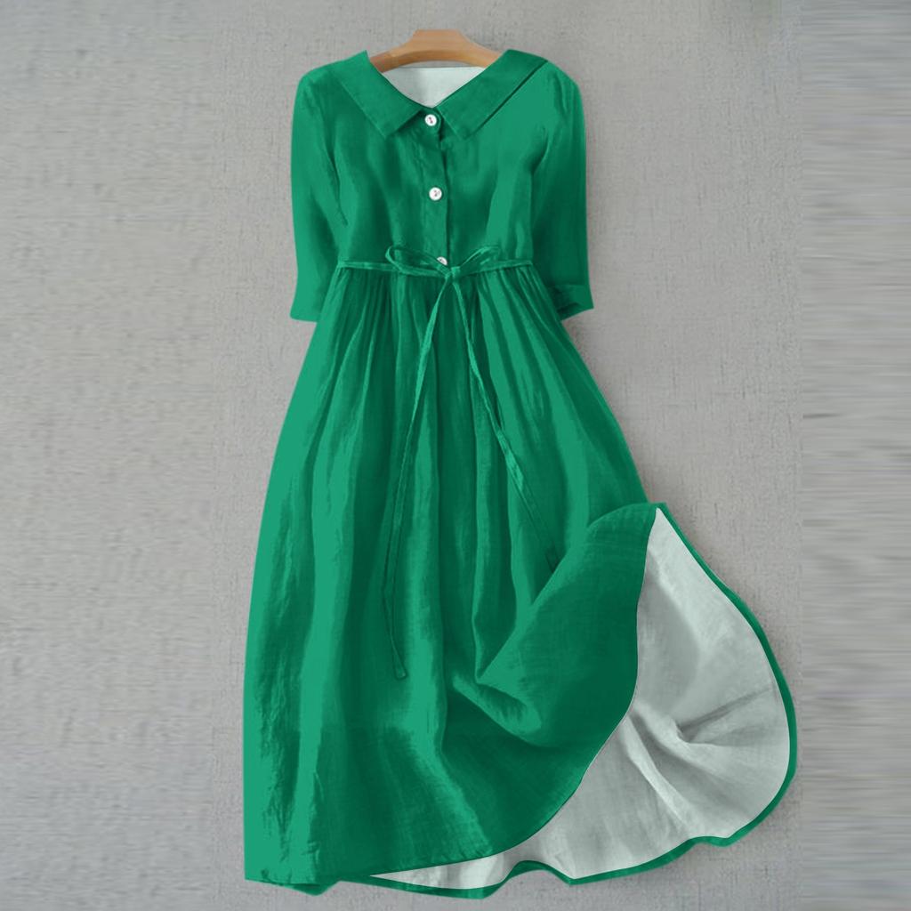 Женская мода повседневное однотонное платье с воротником с лацканами и рукавами 3/4 на бретелях