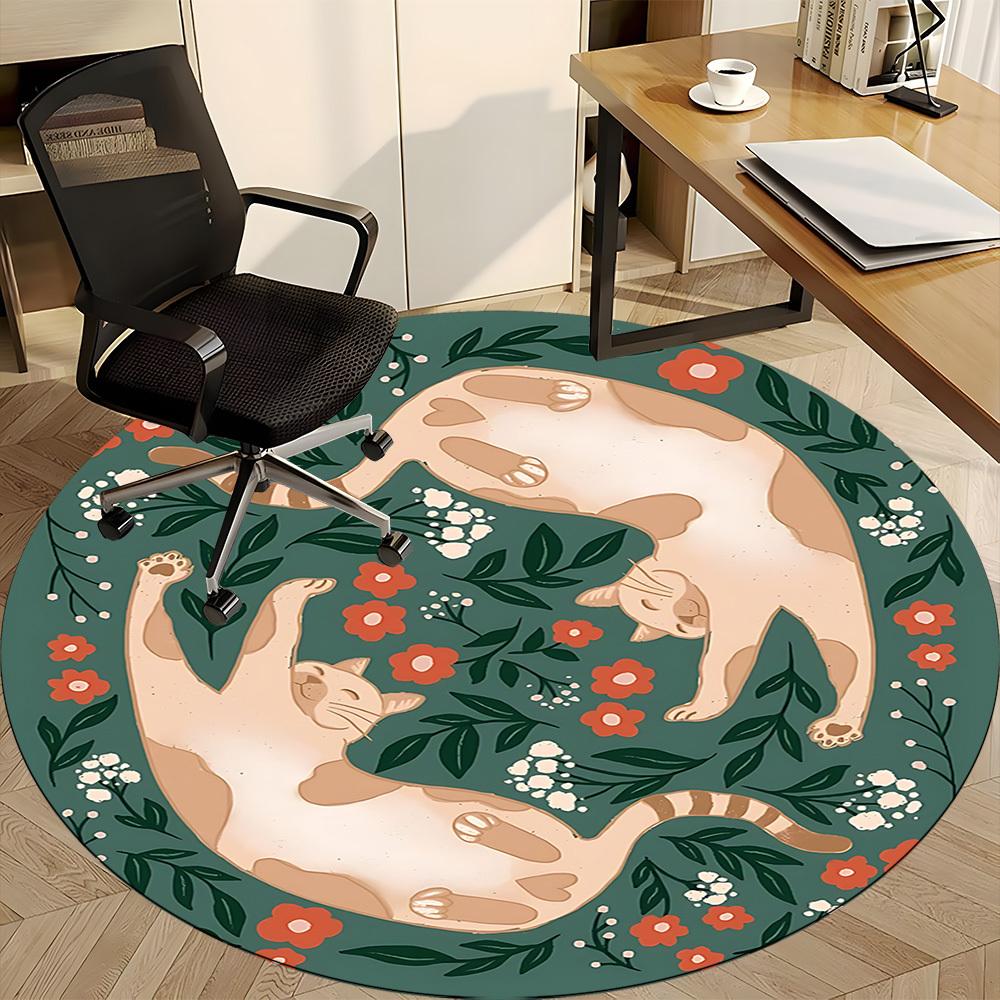 1pc Floral Cats Office Round Area Rug, Mat Suitable For Office, Under Office Chairs Bedroom Living Room Home Decor, Room Deco