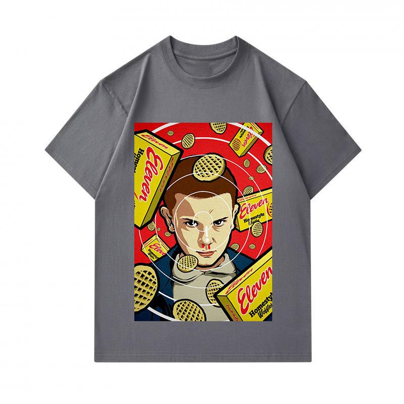 100% Cotton Men Crew Neck Short Sleeve T-Shirt, Retro Eleven Waffle Graphic Casual Comfortable Tees, Classic Sci-Fi Character Printed Daily Wear Tops
