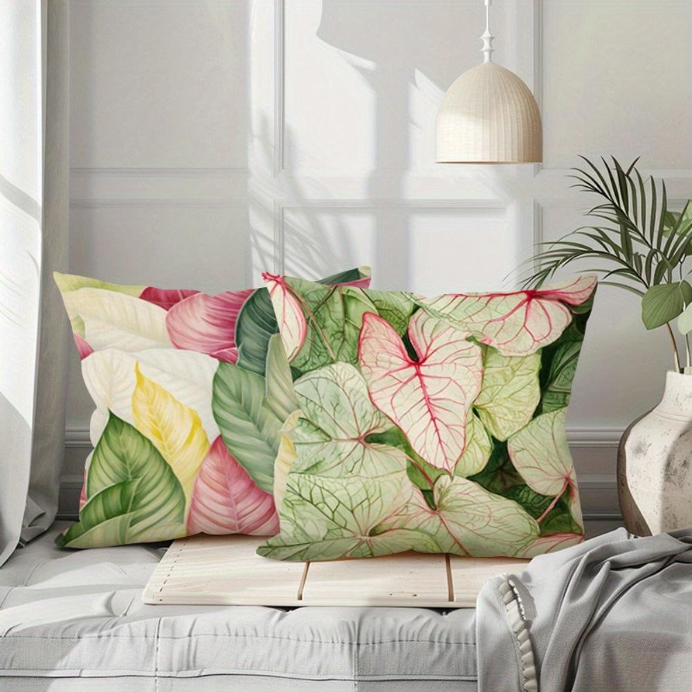 Watercolor Caladium Leaf Throw Pillow Covers, Tropical Pink Green Yellow Leaf Print Cushion Cases, Botanical Modern Home Decor