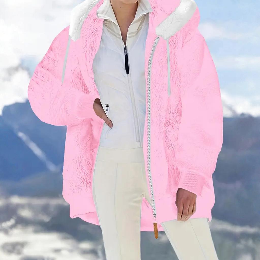 Женская модная плюшевая куртка с капюшоном, длинными рукавами, свободного кроя, теплая, с карманами на молнии