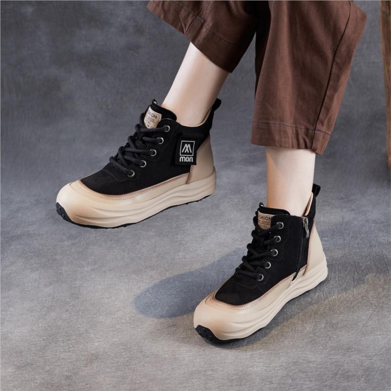 Johnature Ботильоны из натуральной кожи на толстой подошве в стиле ретро с боковой молнией, повседневные женские туфли на плоской платформе со шнуровкой