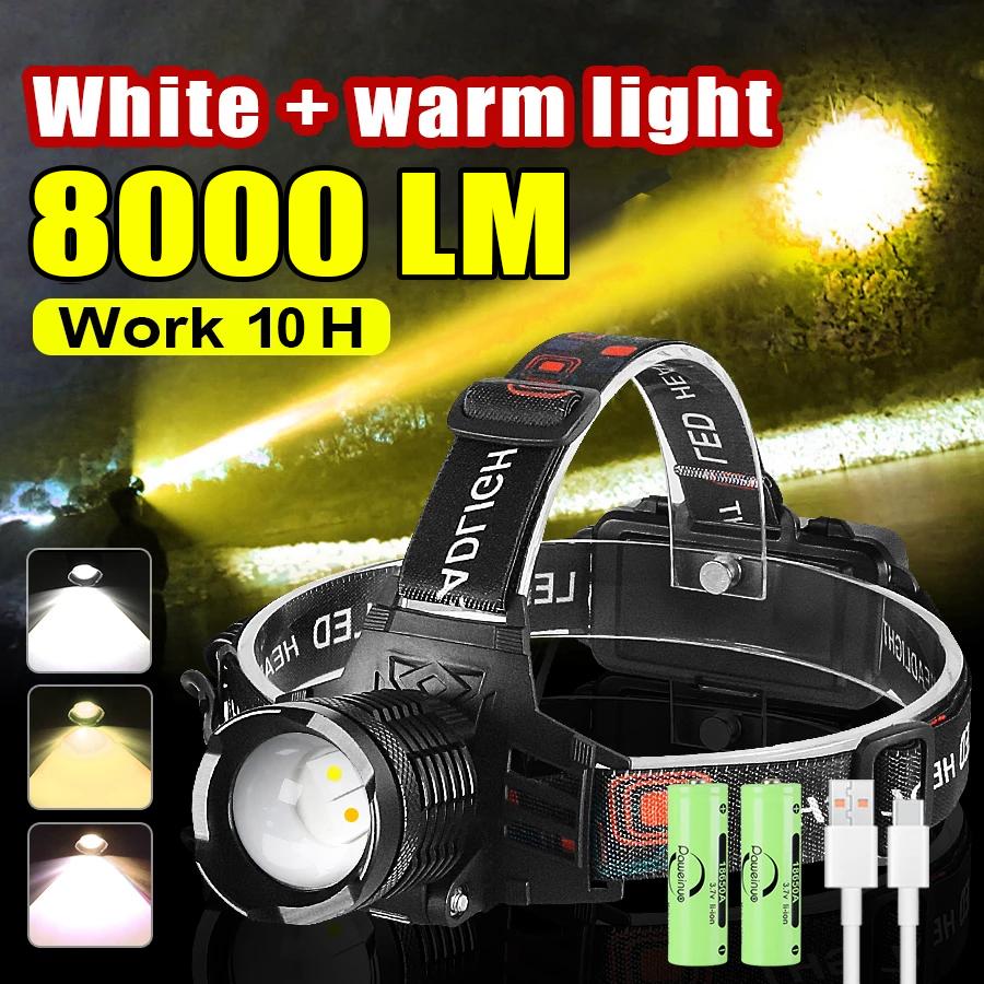 8000LM Powerful Headlamp White/Warm Light Double Wick Led Head Flashlight Long Range Headlight 18650 Rechargeable Head Lantern