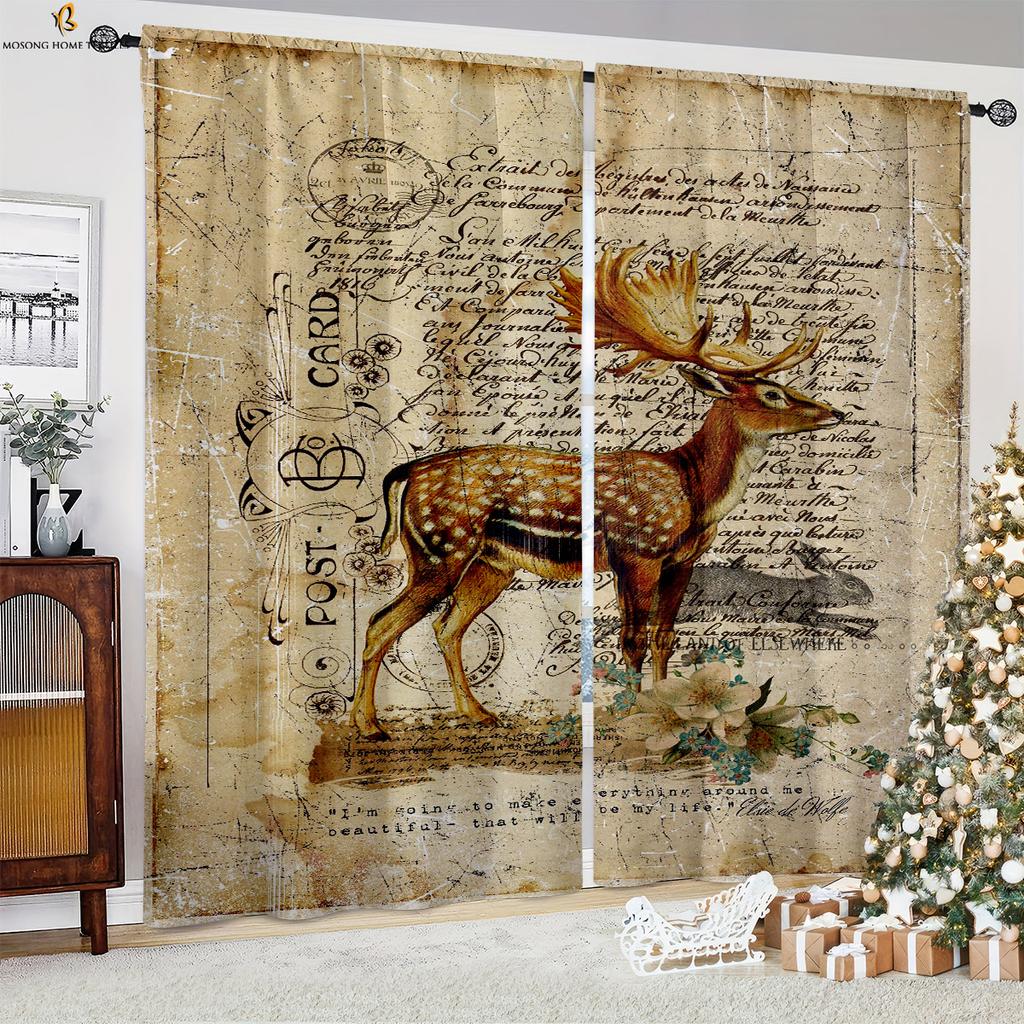 Декоративные занавески в стиле ретро-кантри на Рождество с узором из дерева для спальни, столовой, праздничной вечеринки, 2 шт.