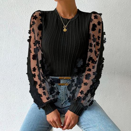 Женская рубашка, прозрачная сетка, цветочная аппликация, круглый вырез с длинным рукавом, однотонный пуловер, мягкий лоскутный свитер с твист-текстурой, OL, коммутационный топ