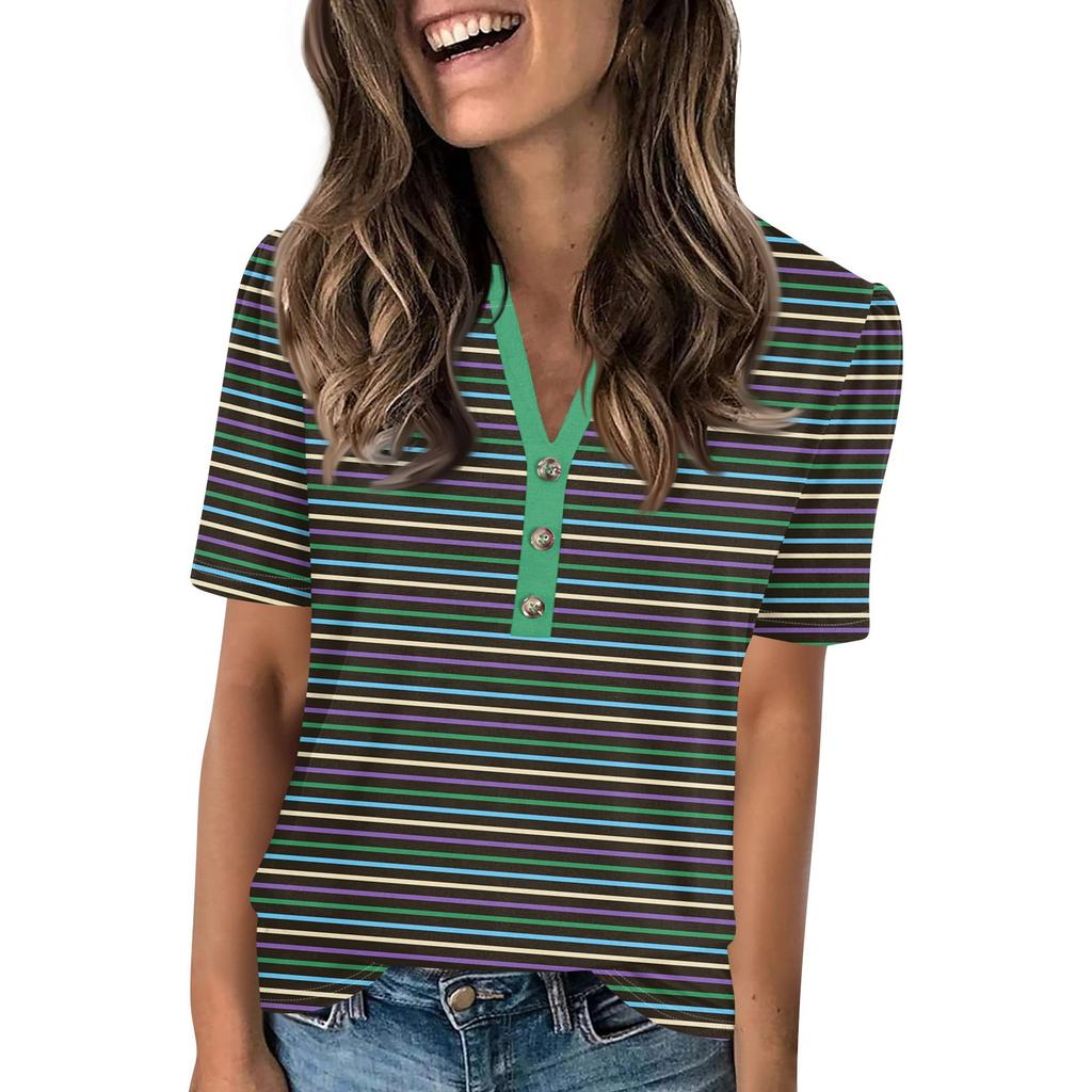 Женский модный повседневный свитер с коротким рукавом и принтом на пуговицах и V-образным вырезом