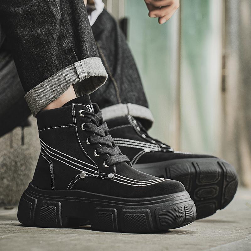 Осенне-зимняя мода Мужские желтые ботинки Модные уличные кожаные ботильоны Мужские рабочие ботинки Массивные мотоциклетные ботинки на шнуровке
