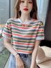 Винтажный стиль! Радужная футболка в полоску с цветными блоками, свободный топ с коротким рукавом для женщин, трендовый