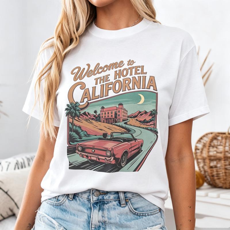 Vintage California Hotel Tee Retro Palm Tree Moon Print Unisex Unisex Cotton Short Sleeve Trendy Streetwear Gift