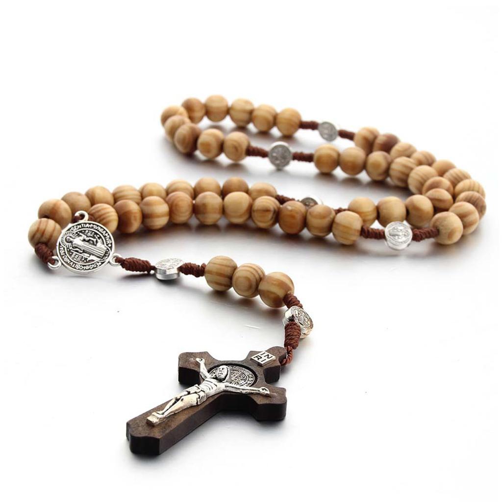 Деревянные католические четки ручной работы, христианские молитвенные четки, бусины с крестом, подвески для мужчин и женщин, ювелирные изделия
