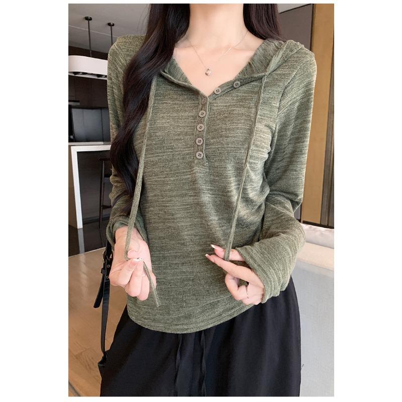 Women S Casual Lazy Style Hooded T Shirt Button Henley Neck Long Sleeve