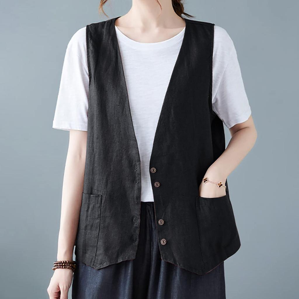Женский хлопковый льняной жилет без рукавов на пуговицах с V-образным вырезом, куртка-жилет