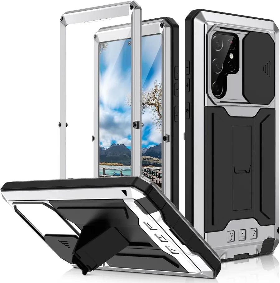 For Samsung S22 Plus S22 Ultra Case Rugged Aluminum Metal Stand with Screen Protector Shockproof Cover Screw Bumper