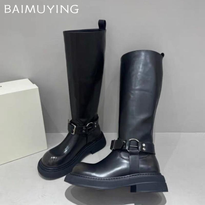 Женские высокие сапоги на платформе, кожаные туфли на плоской подошве, женские, трендовые, зимние, готические, снежные, гладиаторские, панк, до колена, мотоциклетные, ботинки женские