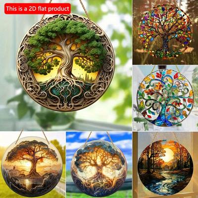 Деревянное Дерево Жизни, Ловец Солнца, 2D Деревянный Круглый Знак, Прозрачный Витраж, Подвесной Оконный, Идеальный Подарок, Магазин, Комната Дом, Сад Двор Декор