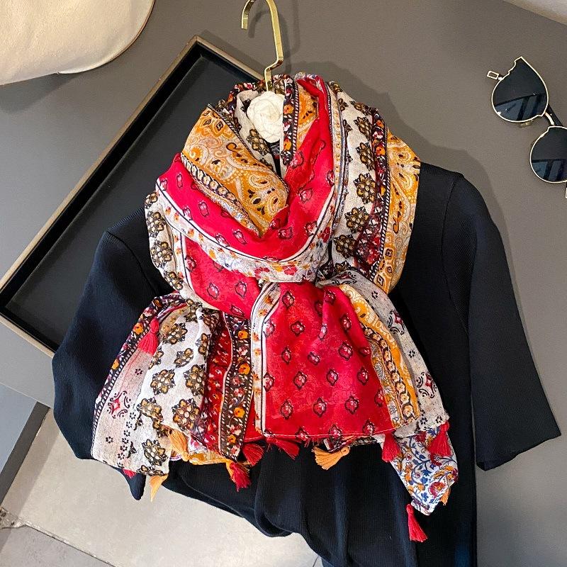 Осенний вискозно-хлопковый шарф Ацтекский Пейсли Цветочный платок шаль накидка Женские тонкие шарфы Мода кисточки Пашмина Высокое качество Фуляр