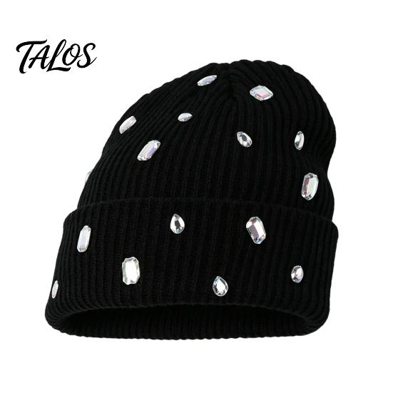 Шапка в стиле панк со стразами, блестящая вязаная шапка со стразами, уличная вязаная зимняя стильная шапка для холодной погоды, теплая шапка-бини для женщин, осенняя мода