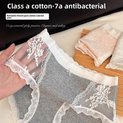 Женские весенне-летние милые хлопковые трусы-слипы с кружевом, 7A антибактериальные, со средней посадкой
