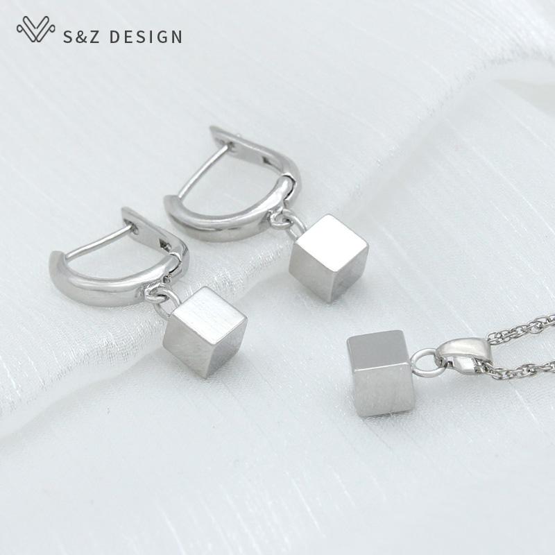 Модные простые серьги цвета розового золота, гладкие кубические металлические серьги-капли, комплекты ювелирных изделий для женщин и девочек, повседневное ожерелье с подвеской