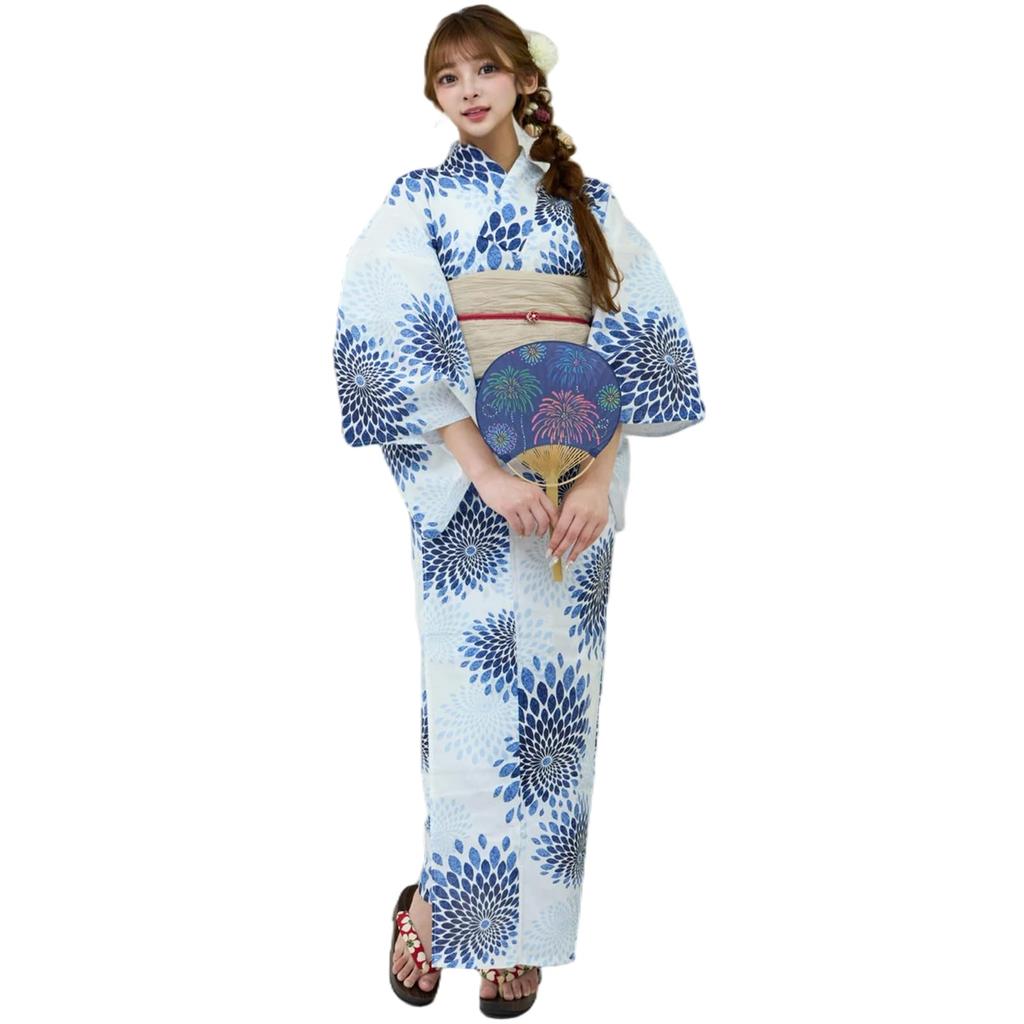 RAVIR Yukata Set with Large Blue Chrysanthemums On a White Fluffy Obi and Geta Sandals Size Fits Women's 3-Piece Background, Belt, (One All)