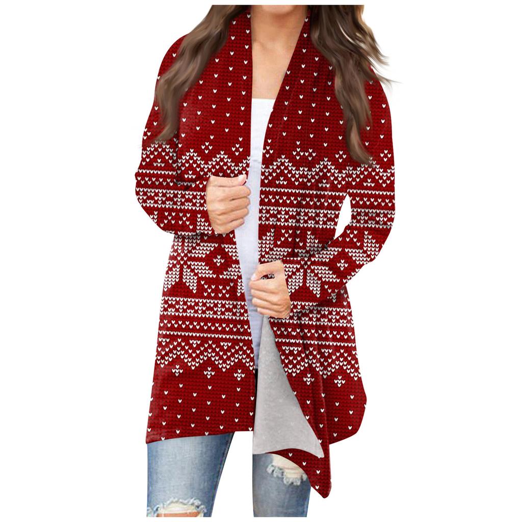 Women's Fashion Casual Christmas Print Medium Length Cardigan Jacket Coat