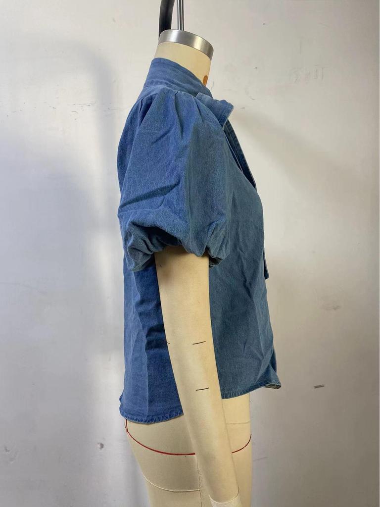 Ретро свободная джинсовая рубашка на шнуровке с кружевной отделкой и бантом для женщин - Стиль 89265