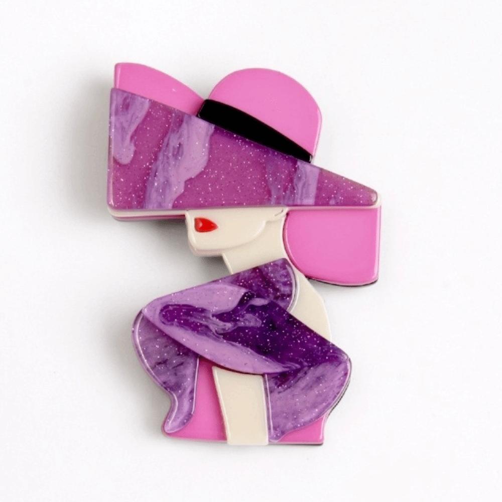 Cartoon Women Portrait Pin Acrylic Girl Badge Retro Lady with Hat Brooch
