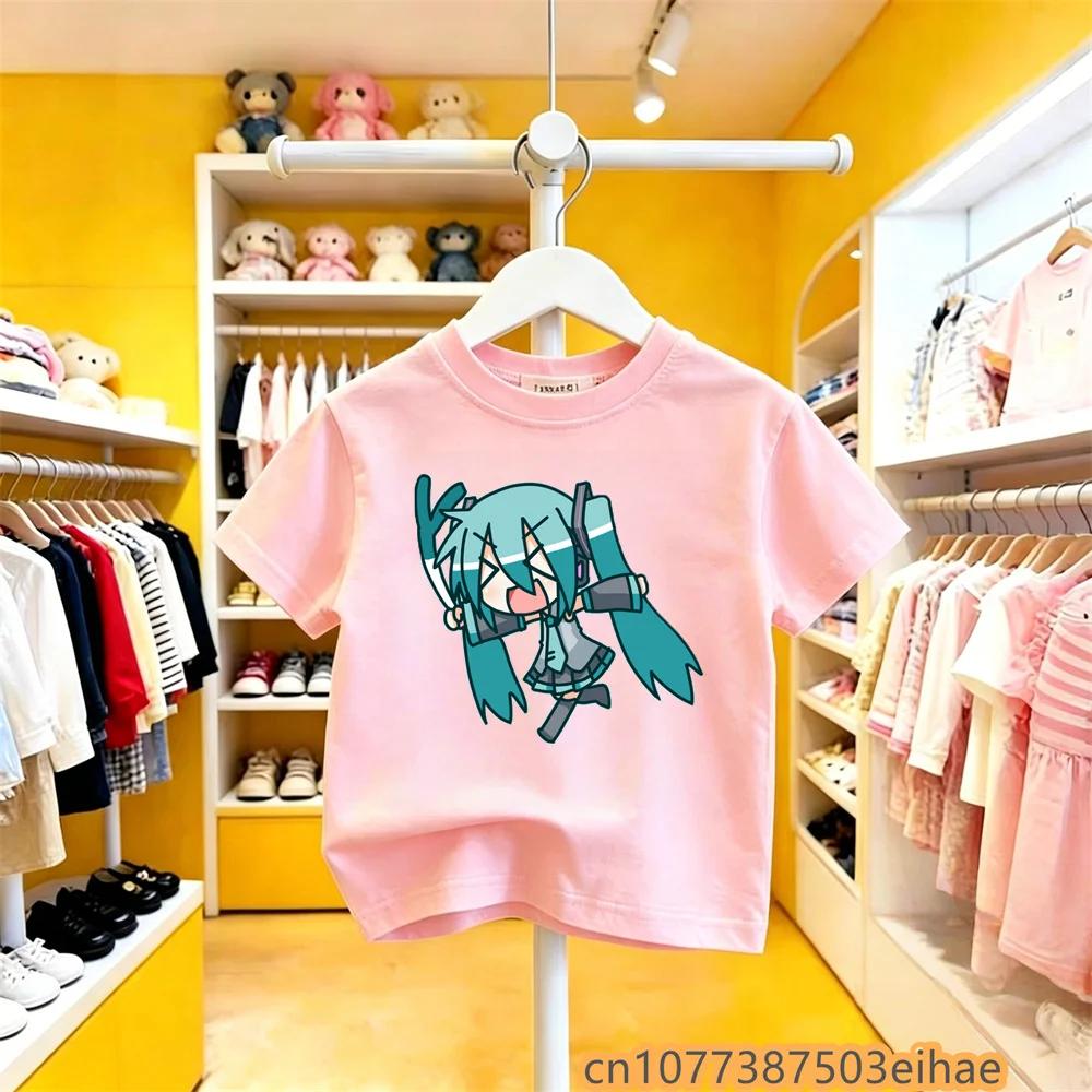 Hatsune Miku Anime Future Peripheral Pure Cotton COS Collaboration Printed Casual Tshirt Kawaii Daily Wear for Boys and Girls
